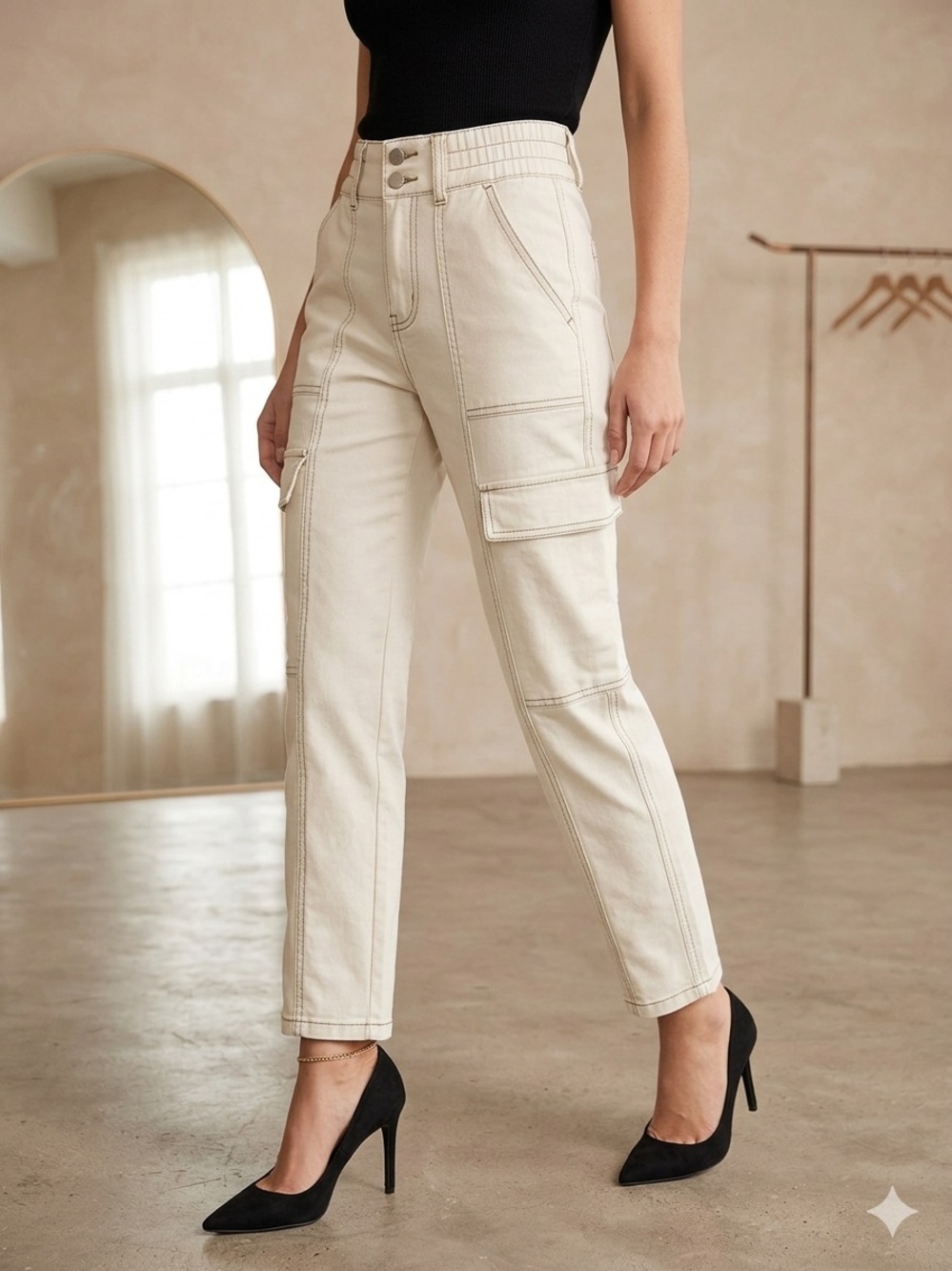 Cream High-Rise Cargo Straight-Leg Pants